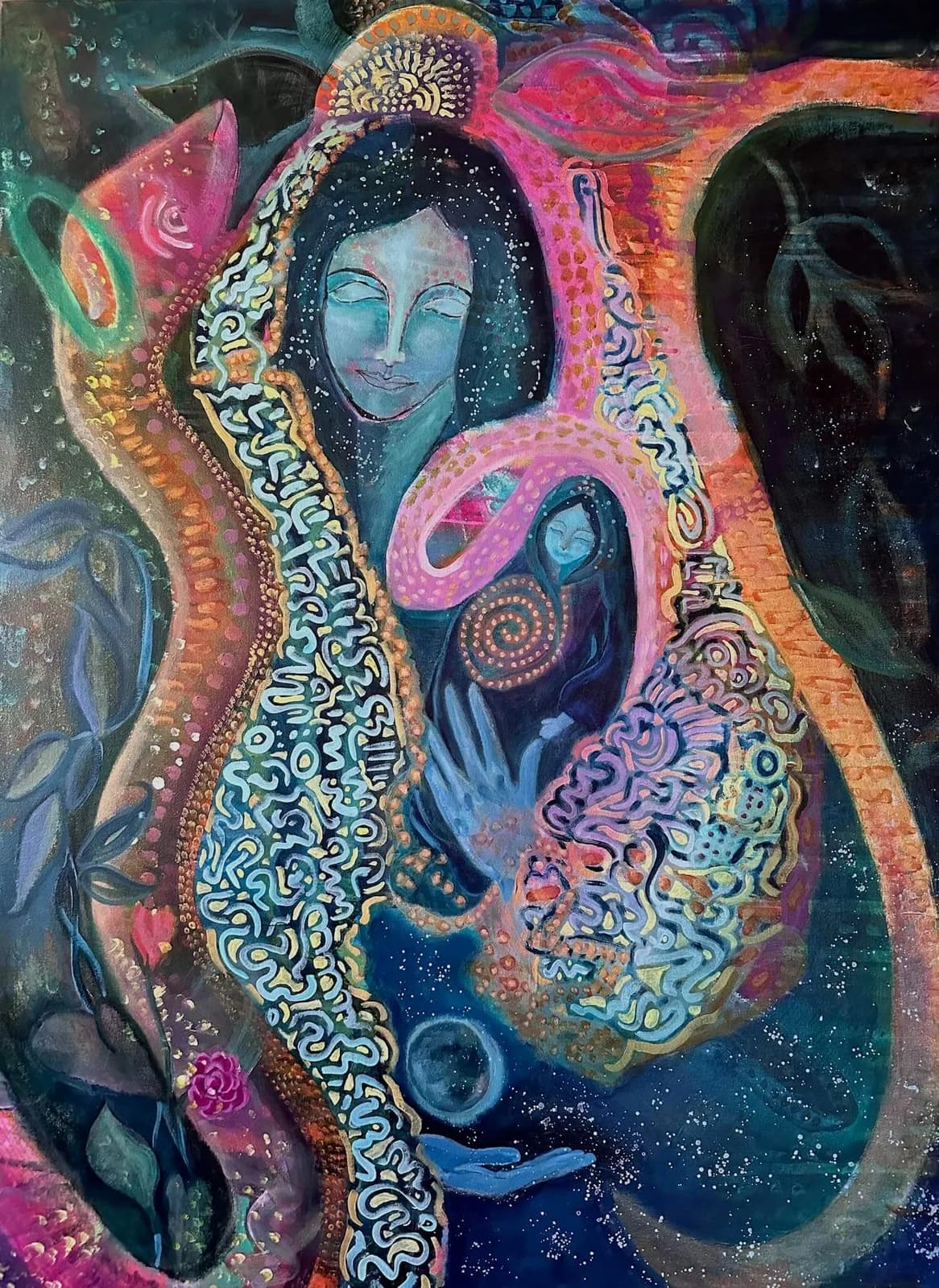 A blue-faced figure holding a child, surrounded by ornate decorative patterns and cosmic imagery in vibrant acrylic.
