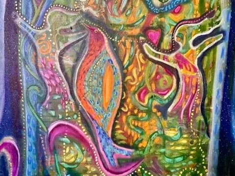 Abstract mixed-media composition with vibrant acrylic colors, intricate patterns, and layered organic forms.