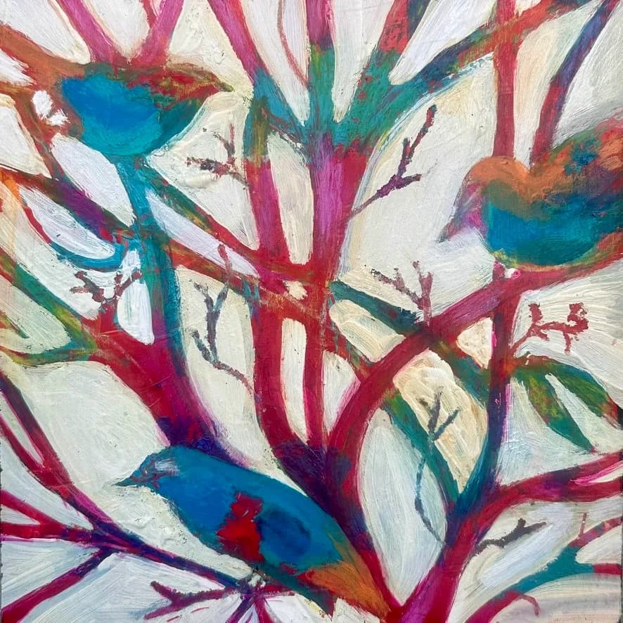 Abstract floral painting with stylized blue birds nestled among vibrant magenta branches and white petals.