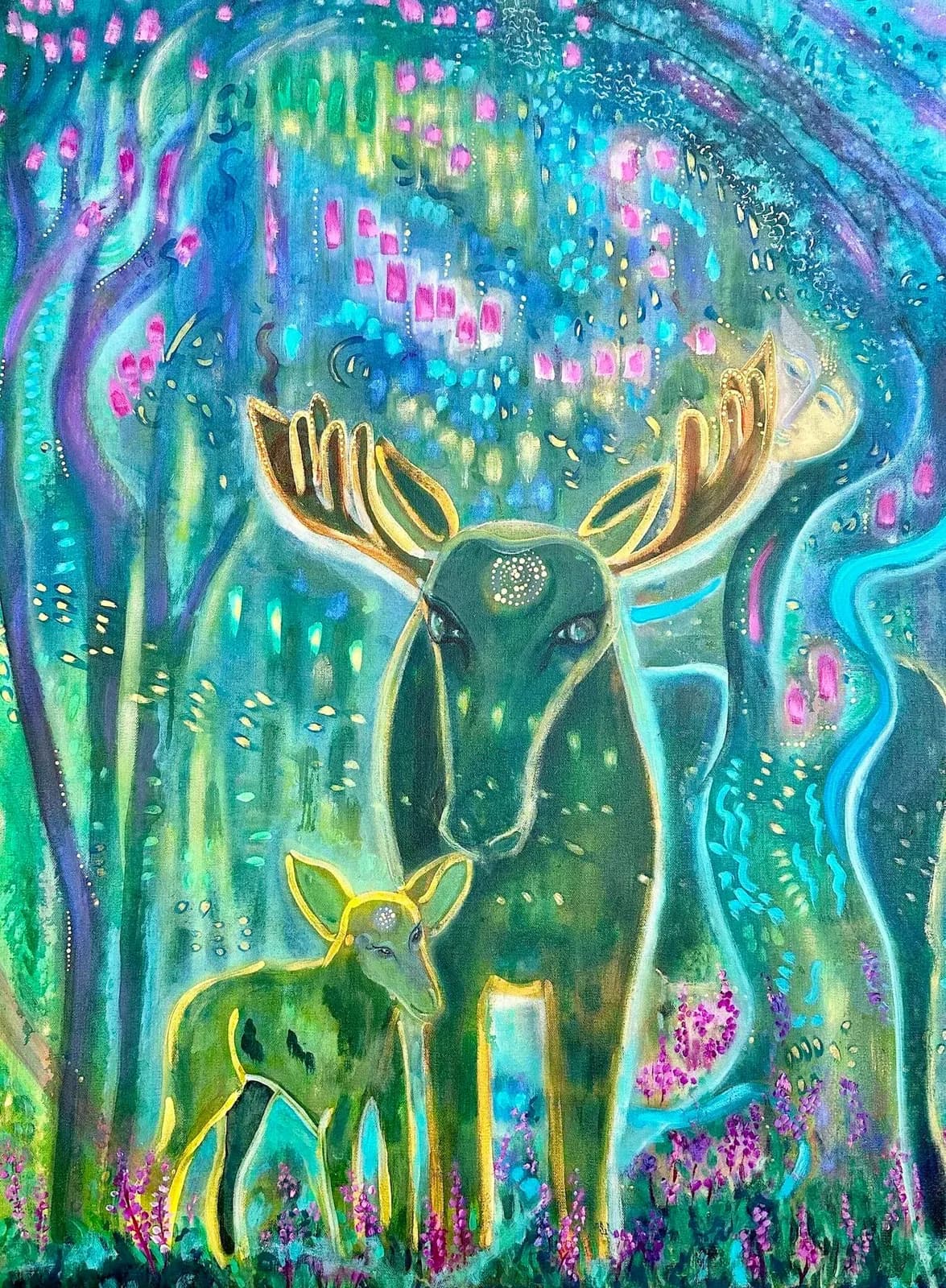 A stylized moose and fawn with glowing gold antlers amid luminescent forest foliage in acrylic.