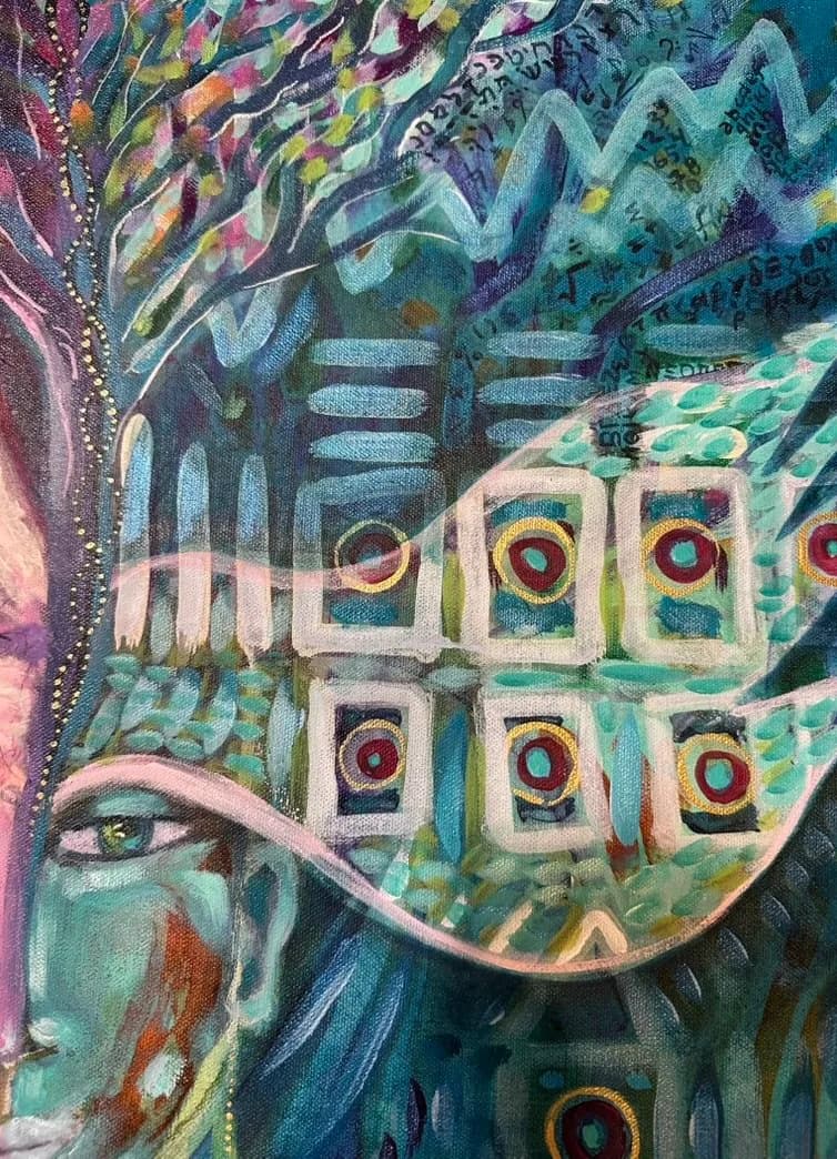 Surreal portrait figure with geometric eye motifs and layered pattern elements in vibrant acrylic.