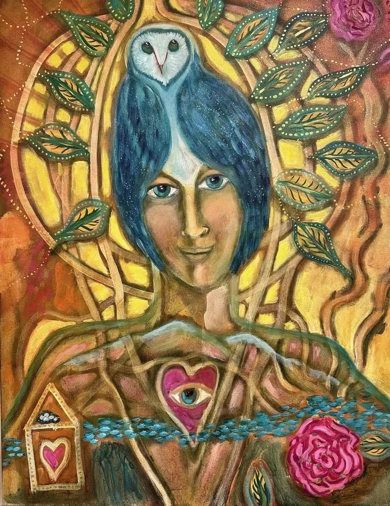 A surreal figure with an owl's head and human face, surrounded by decorative leaves and hearts, rendered in colored pencil and mixed media.