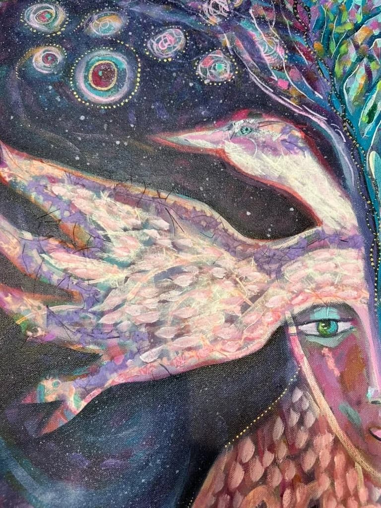 A surreal profile portrait merges human and animal forms with iridescent cosmic patterns and celestial motifs.