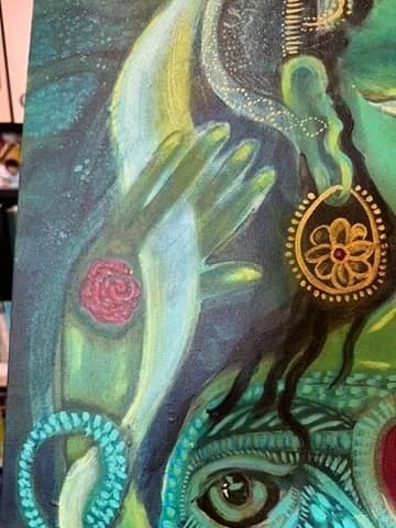 A surreal acrylic painting merging an eye with botanical and ornamental elements in greens, golds, and fuscous gray tones.