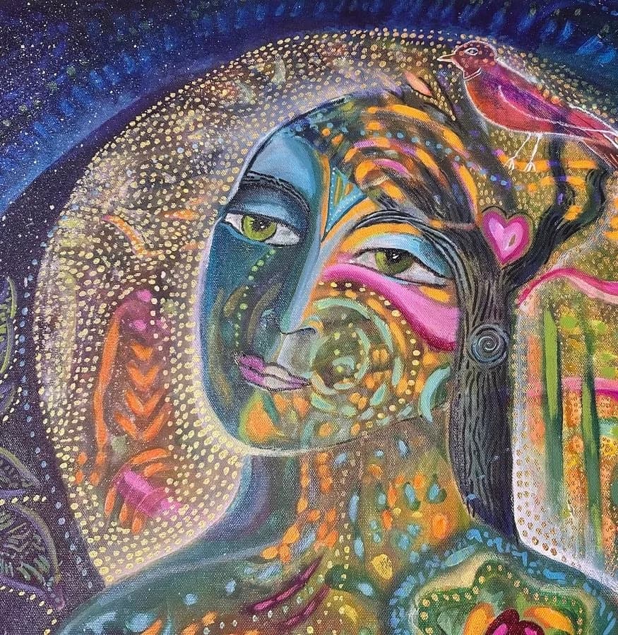 Portrait of a figure with ornate facial patterns, symbolism, and surreal imagery rendered in vibrant pastels.