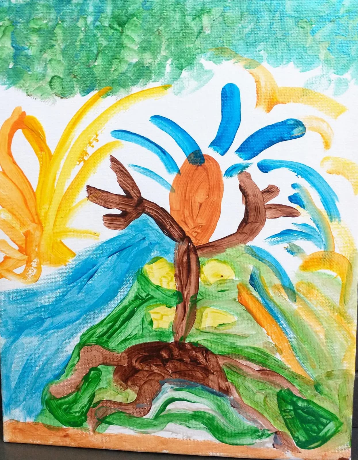 Abstract stylized flowers with flowing water and organic forms painted in acrylic, featuring vibrant yellows, blues, and greens.