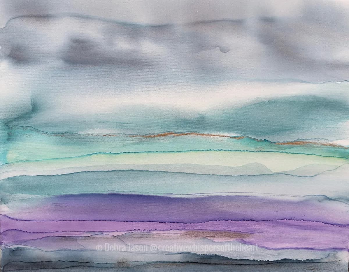 Layered abstract landscape with horizontal bands of green, purple, and gray watercolor washes.