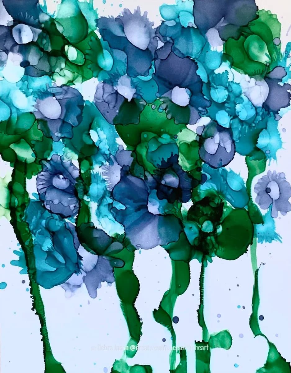 Abstract floral composition in ink and watercolor with blue, green, and purple washes and organic dripping stems.