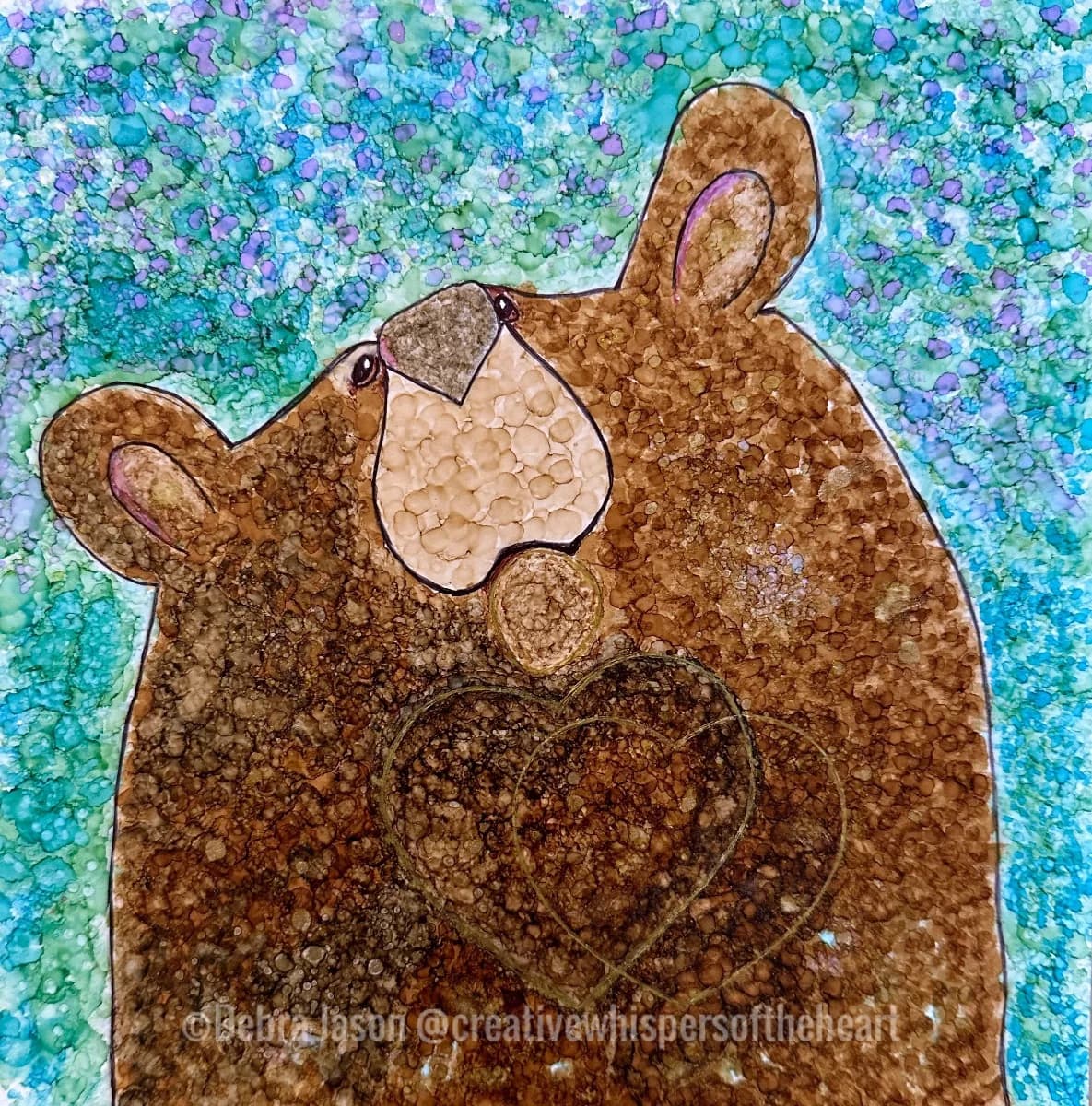 A stylized brown bear rendered with glitter and ink holds a heart shape on a textured turquoise background.