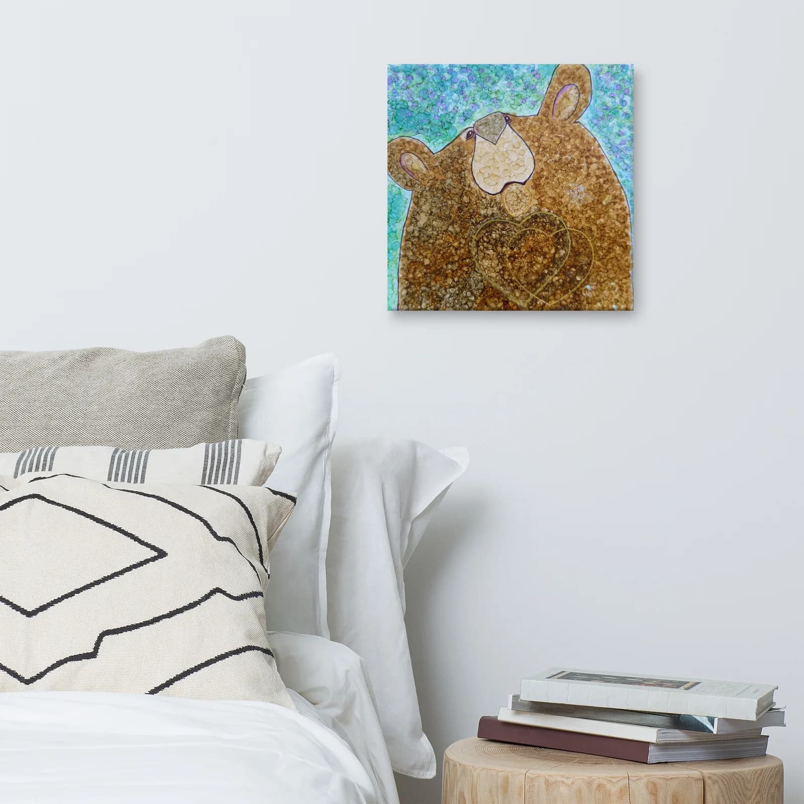 A stylized bear with white nose gazes upward against a turquoise textured background in acrylic.