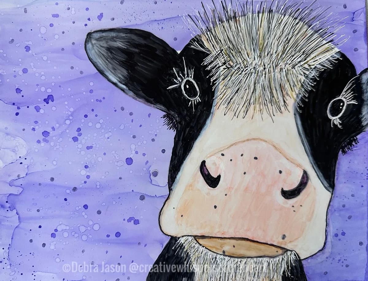 Whimsical ink and watercolor portrait of a black-and-white cow with expressive eyes against a lavender background.