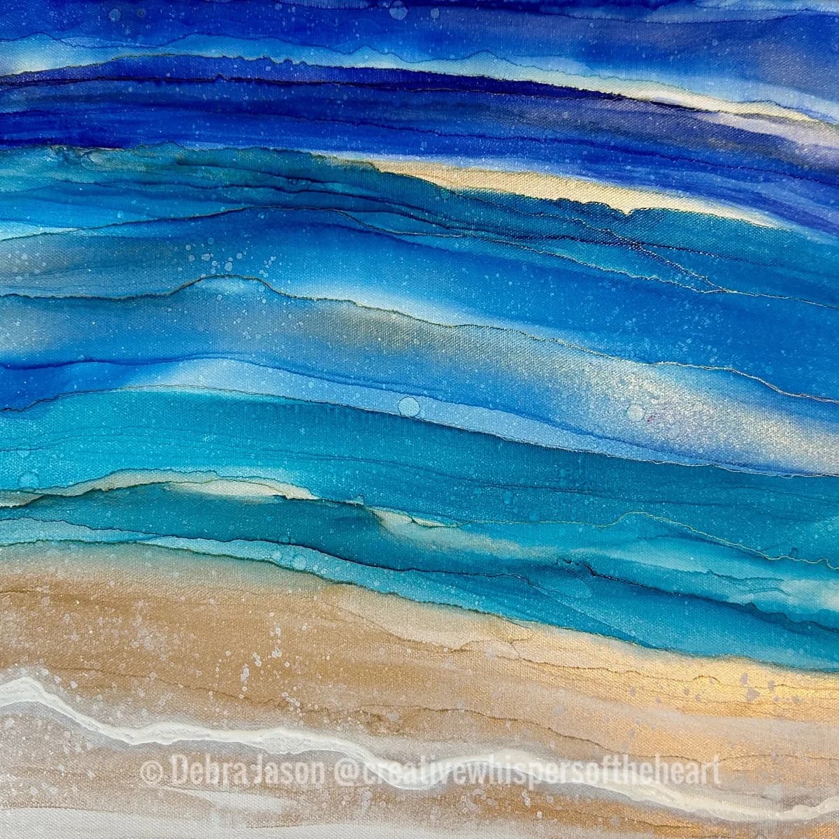 Ocean waves and beach sand rendered in layered acrylic with impressionistic brushwork and a luminous blue palette.