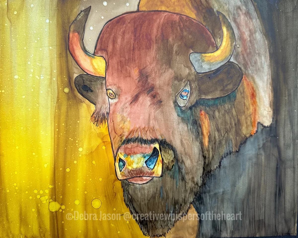 A surreal bull creature with exaggerated horns and glowing eyes rendered in ink and watercolor.