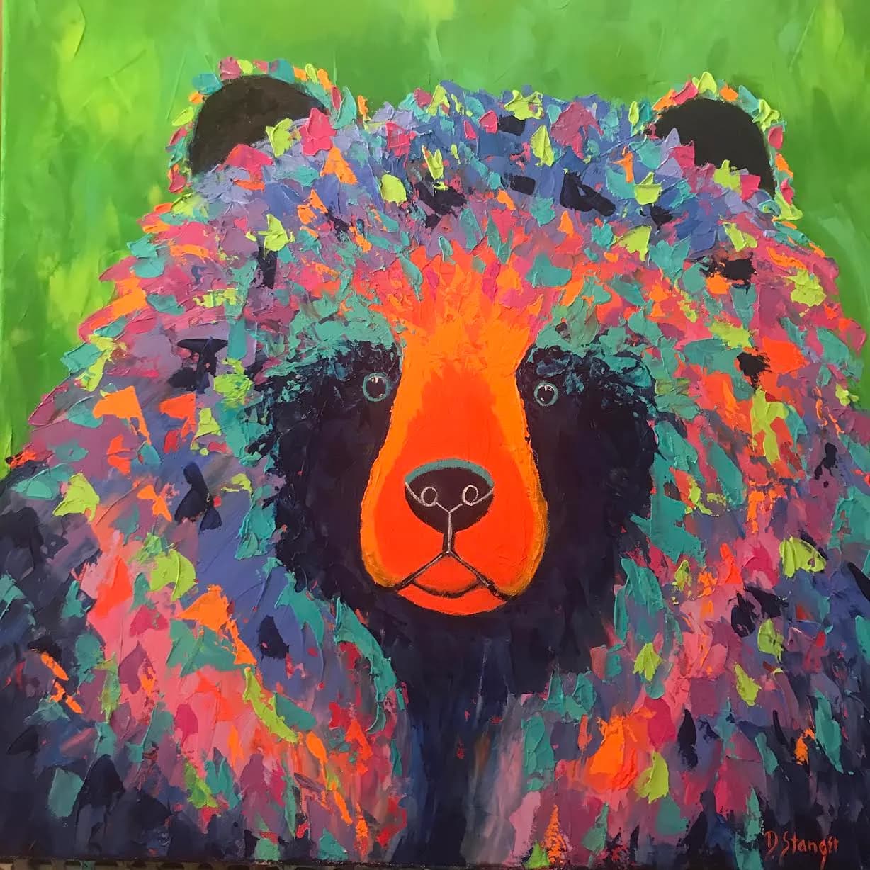 A stylized bear portrait with vibrant multicolored fur overlay and black facial features on lime green background.