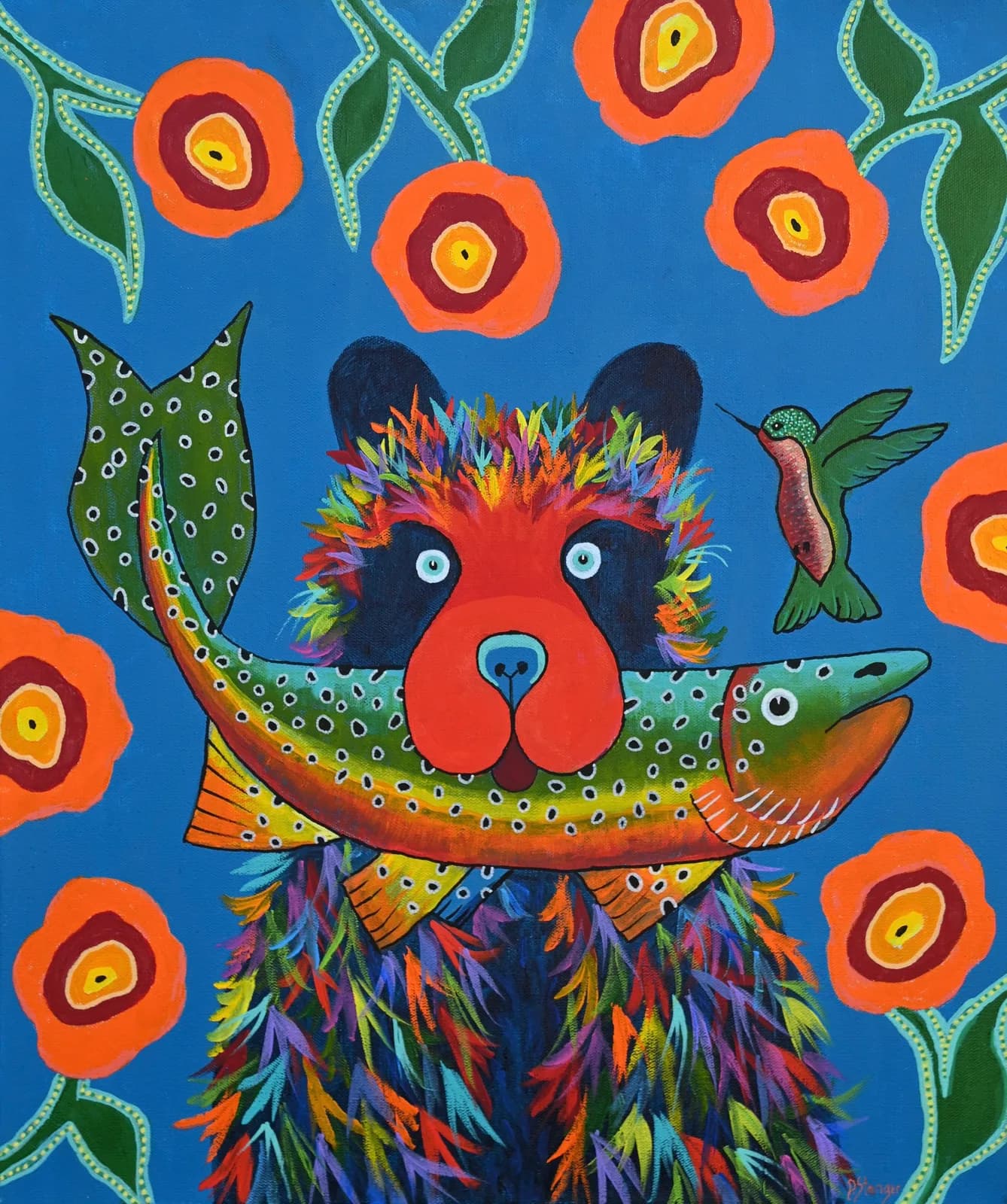 A whimsical acrylic painting of a stylized bear cradling fish and a hummingbird amid blooming flowers on bright blue.