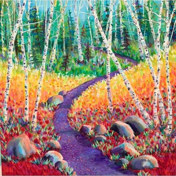 A forest stream winds through a vibrant wildflower meadow beneath white birch trees, rendered in warm, saturated acrylics.