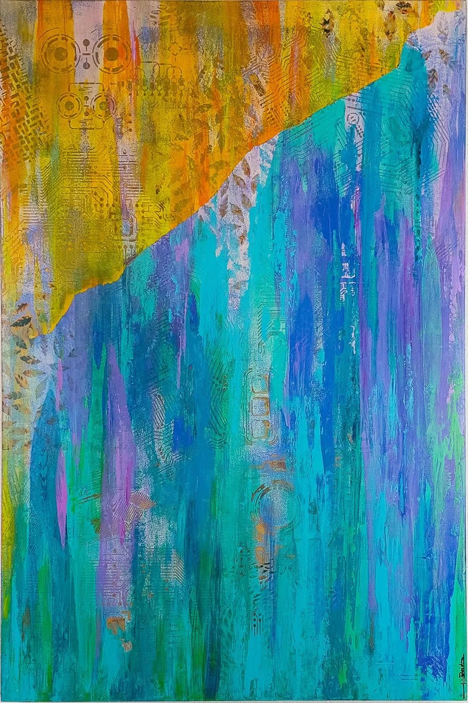 Abstract acrylic painting with layered geometric forms in turquoise, gold, and purple hues.