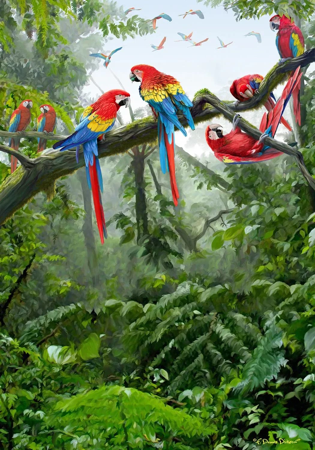 Macaws perched on a branch in a lush tropical rainforest canopy, rendered in oil.