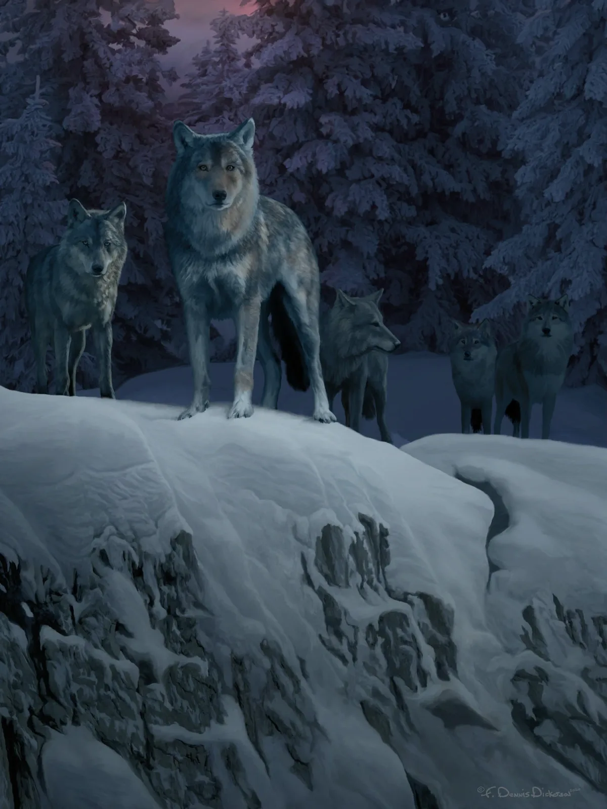 A pack of wolves in a snow-covered winter forest, rendered in photorealistic acrylic.