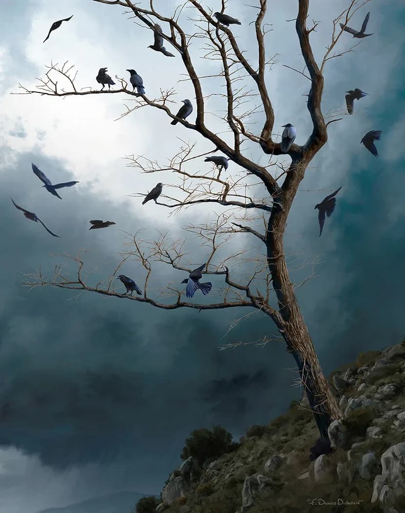 Crows perch and fly around a skeletal tree against a dramatic, turbulent sky.