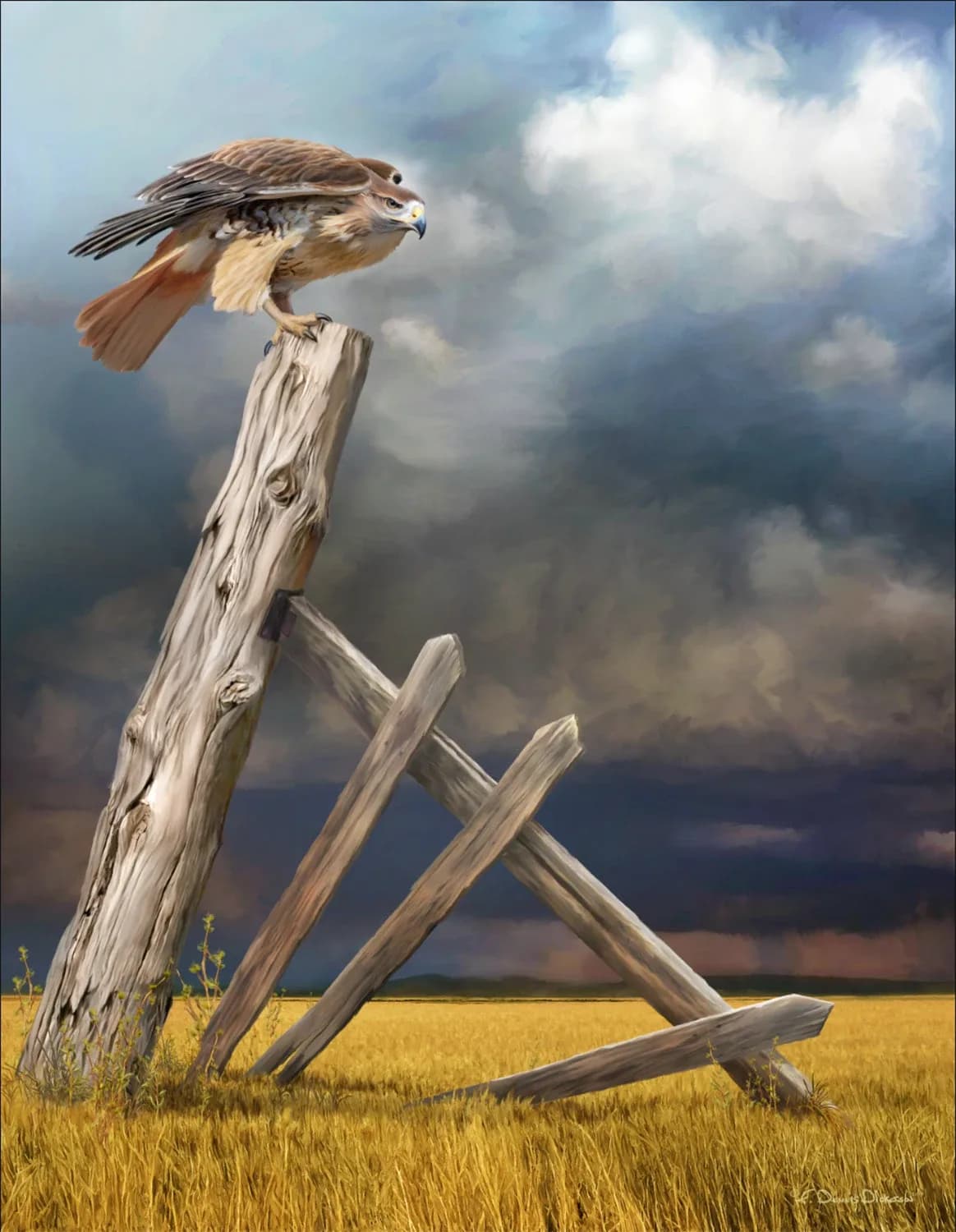 A hawk perches on a weathered fence post in open grassland beneath dramatic storm clouds.