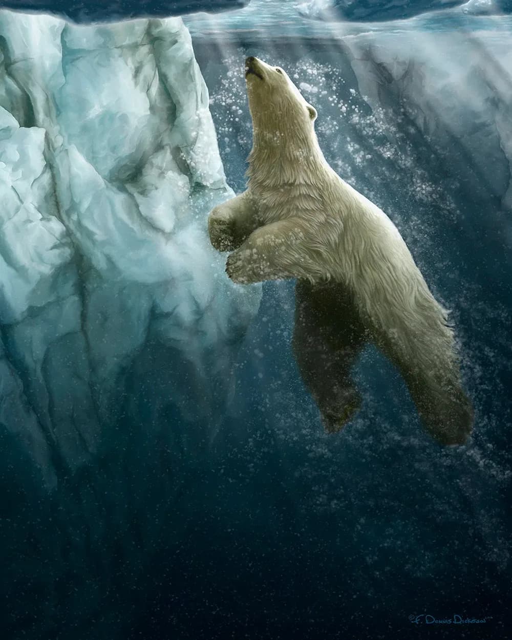 A polar bear surfaces at an ice floe in cold arctic waters, captured in photorealistic detail.