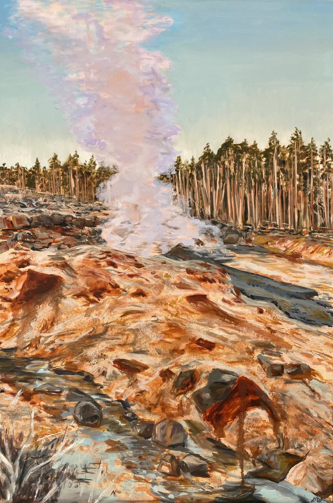 An oil painting of a geothermal hot spring with steaming mineral deposits framed by coniferous forest.