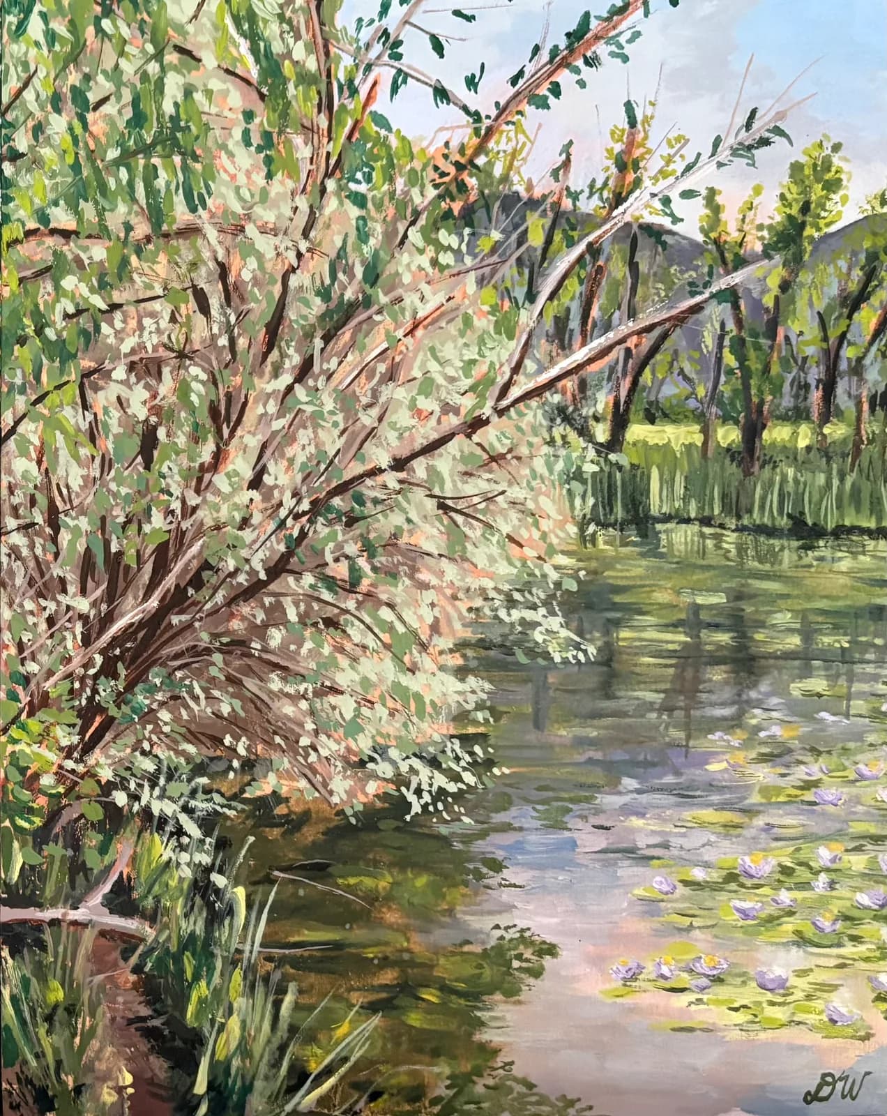 A willow tree and water lilies frame a placid pond lined with dense riparian vegetation, rendered in oil.