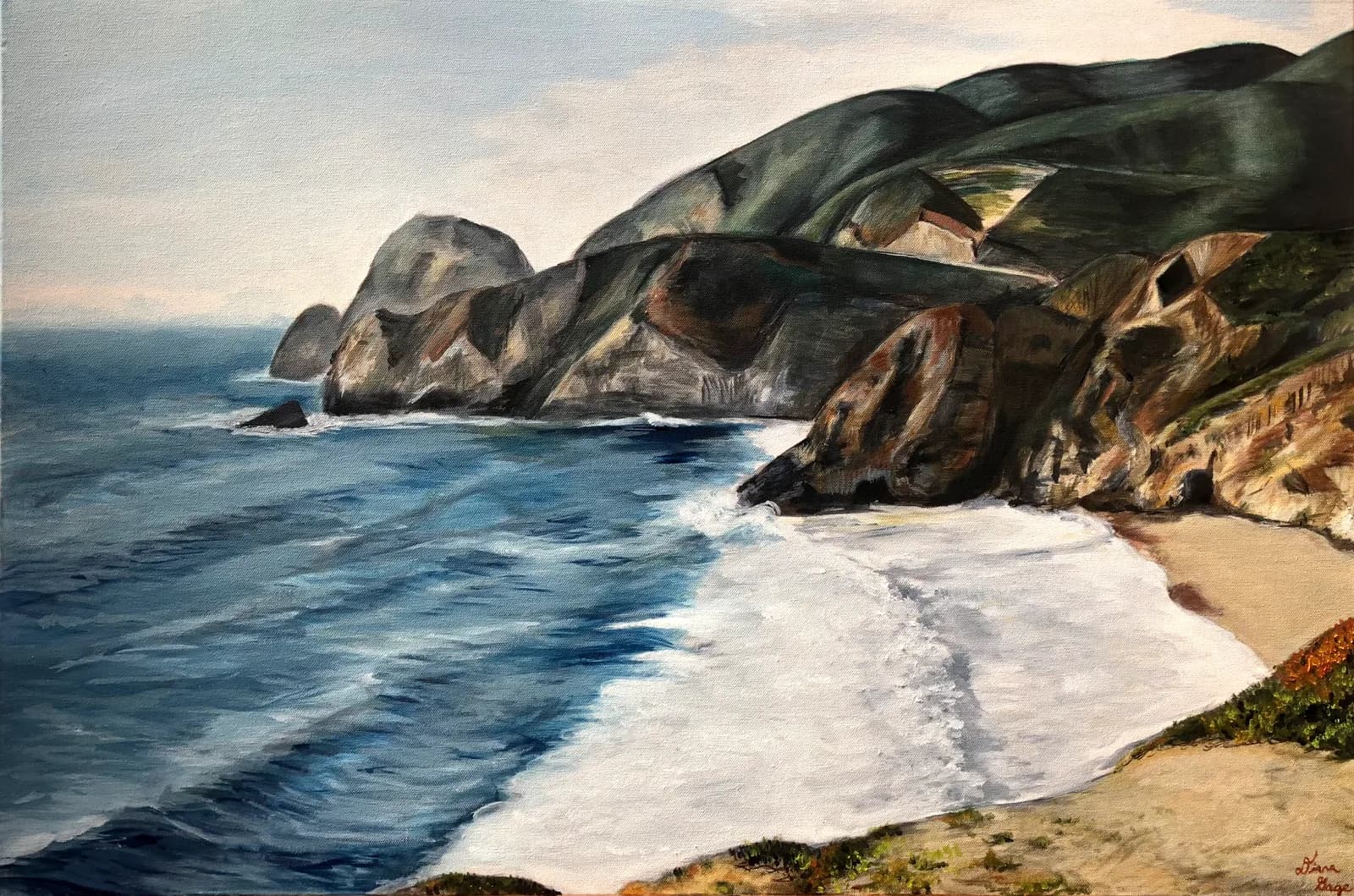 Oil painting of dramatic coastal cliffs with sandy beach and crashing waves.