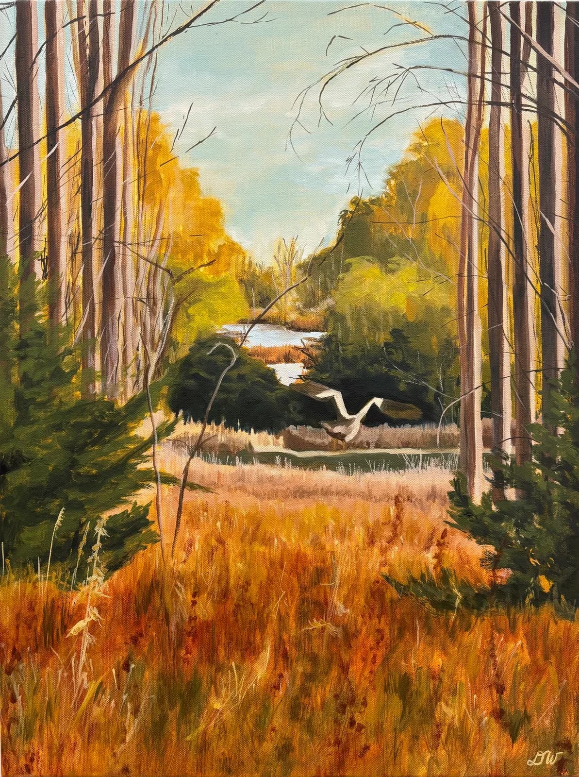 Wooded stream landscape with golden aspens and autumn grasses, rendered in oil on canvas.