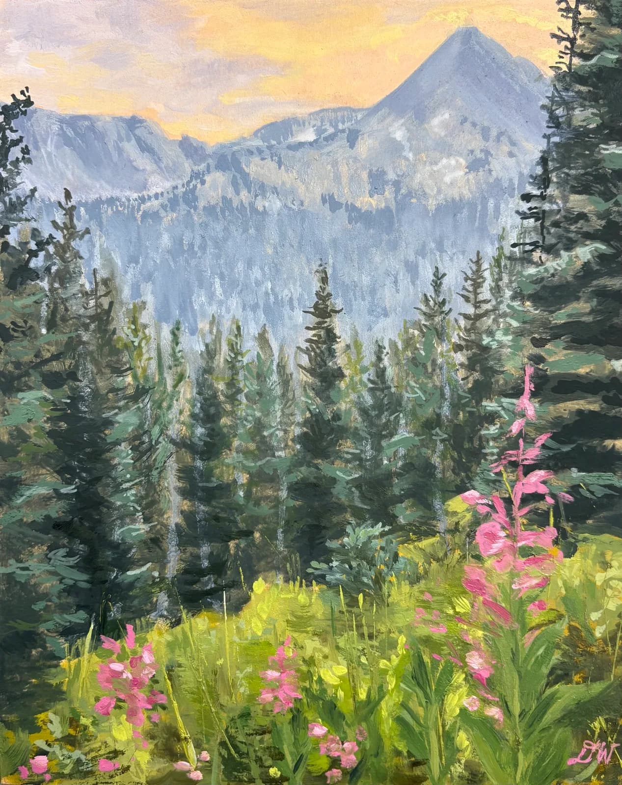 Alpine meadow with pink wildflowers, coniferous forest, and snow-capped mountain in oil.