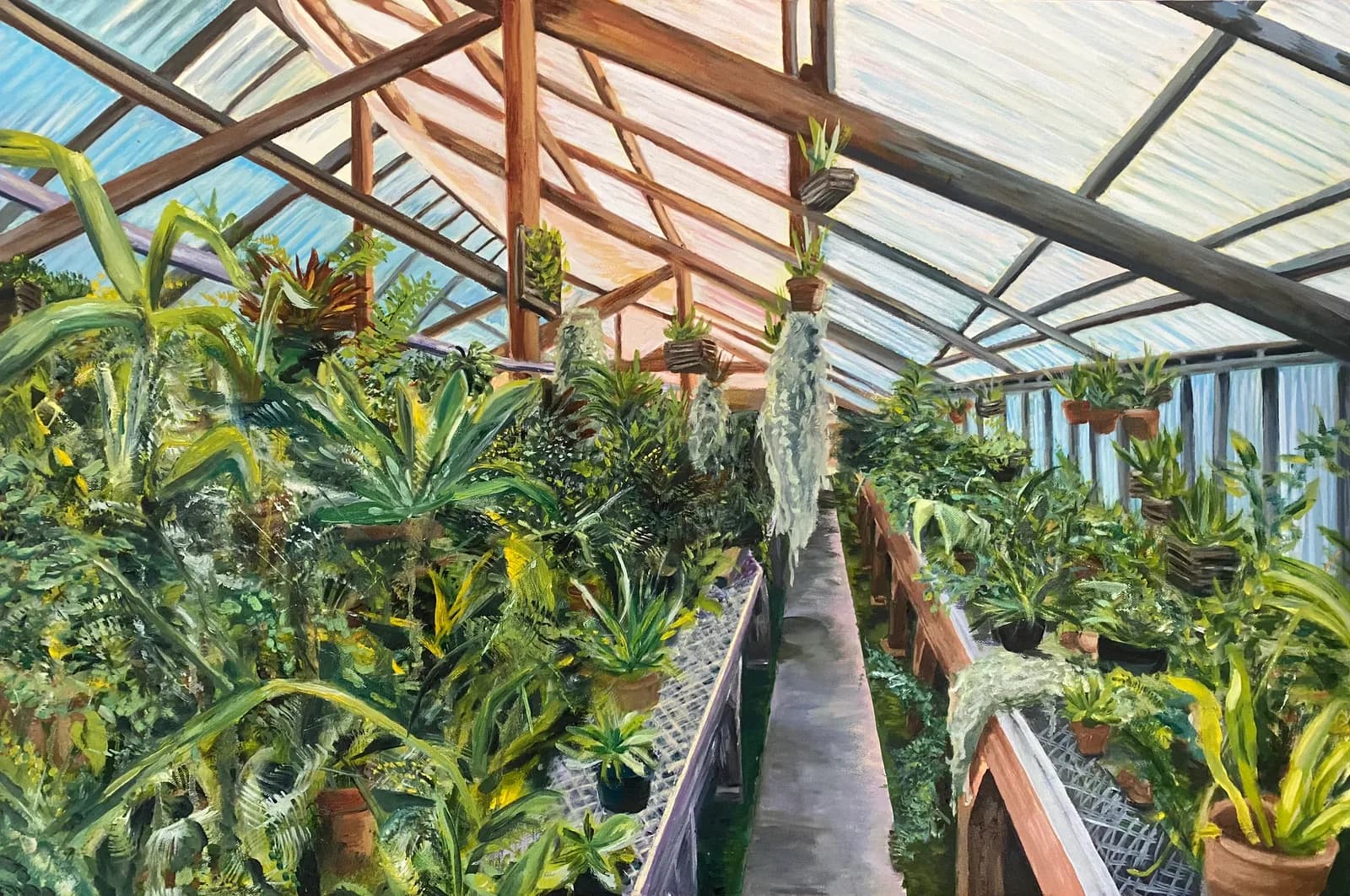 Interior view of a sunlit greenhouse filled with lush tropical plants, painted with photorealistic precision.