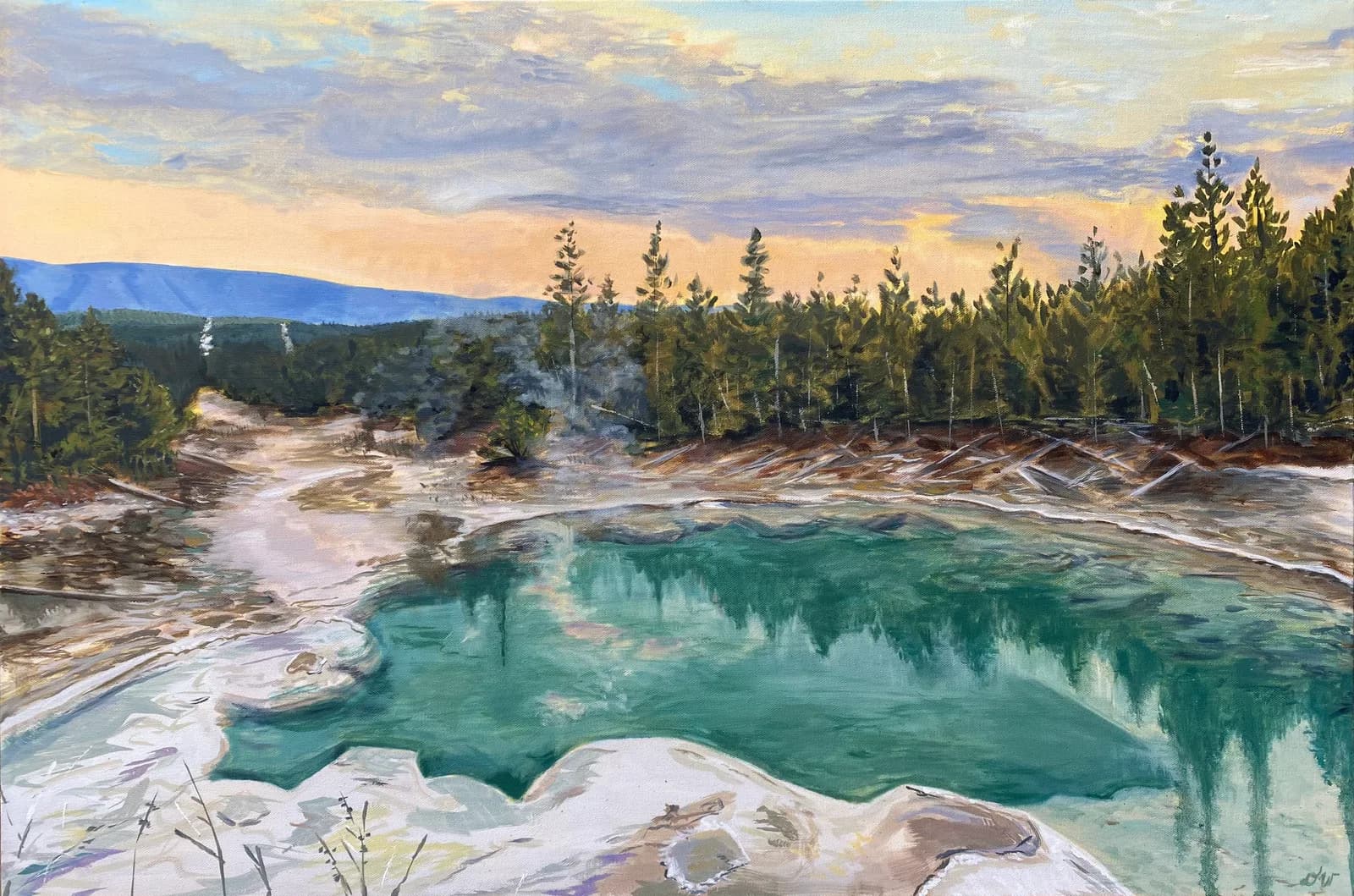 A turquoise geothermal pool surrounded by mineral deposits and coniferous forest under a cloud-streaked dawn sky.