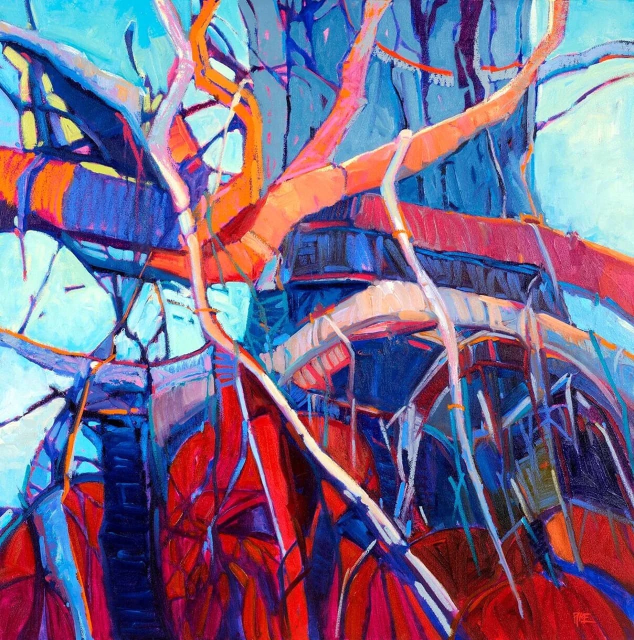 Abstract acrylic painting with vibrant blue, orange, and red layered forms evoking intertwining branches.