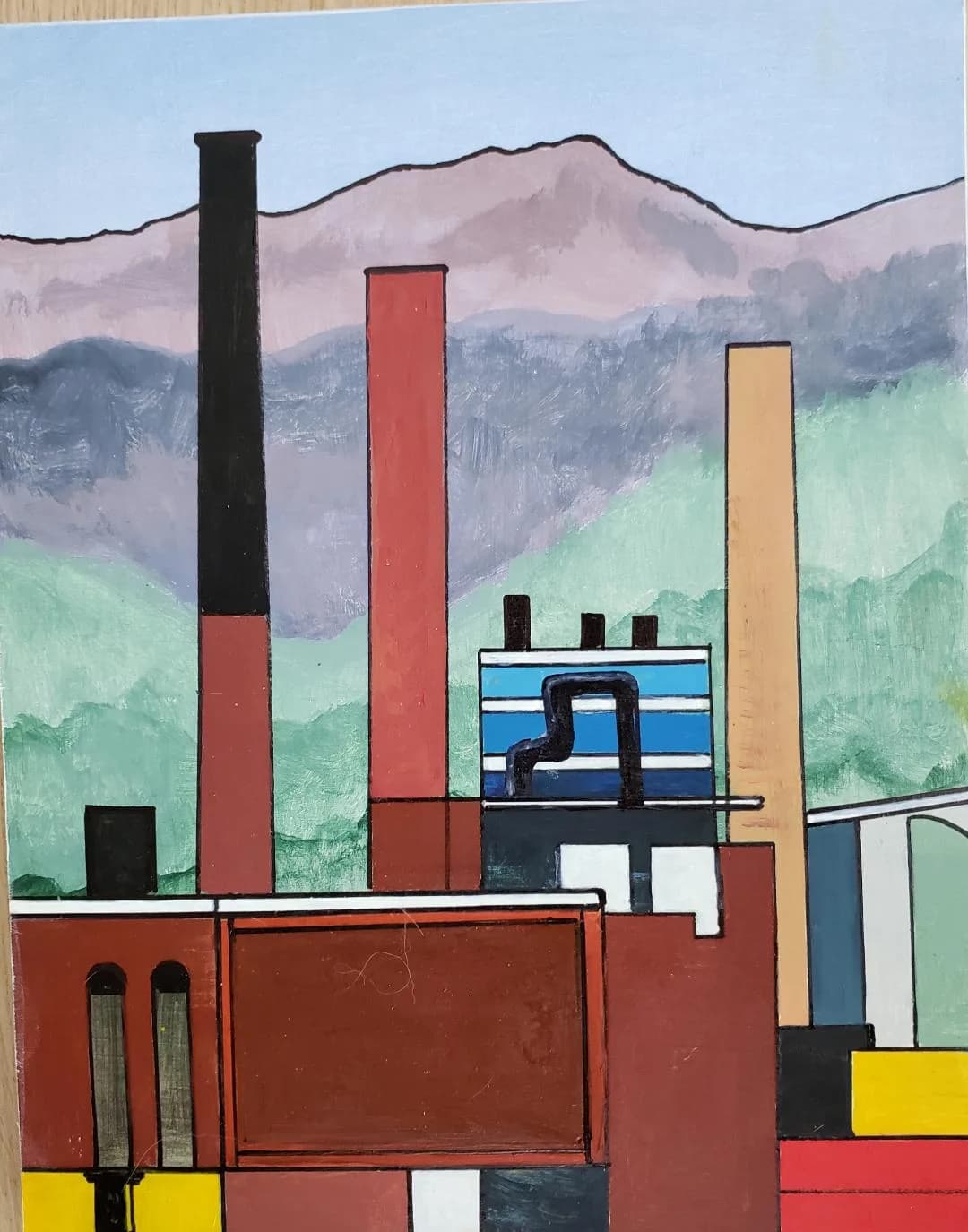 Industrial architecture with Denver-area factory set against the Boulder Flatirons, acrylic and mixed media on canvas.