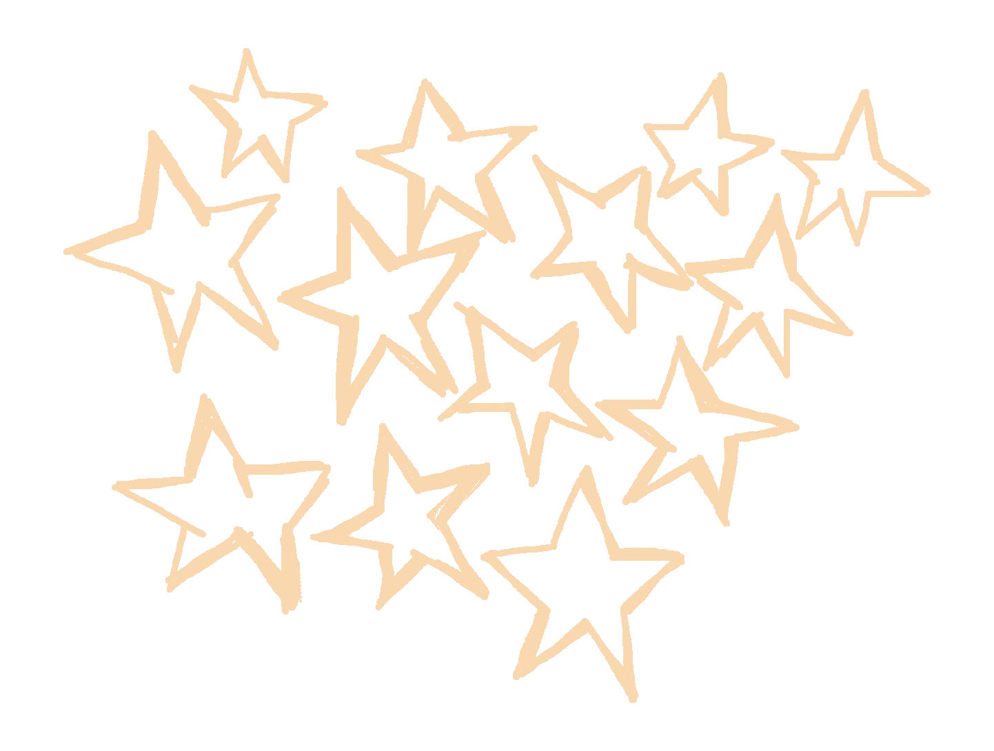 A composition of outlined stars in tan and gold ink on black, arranged in a floating cluster.