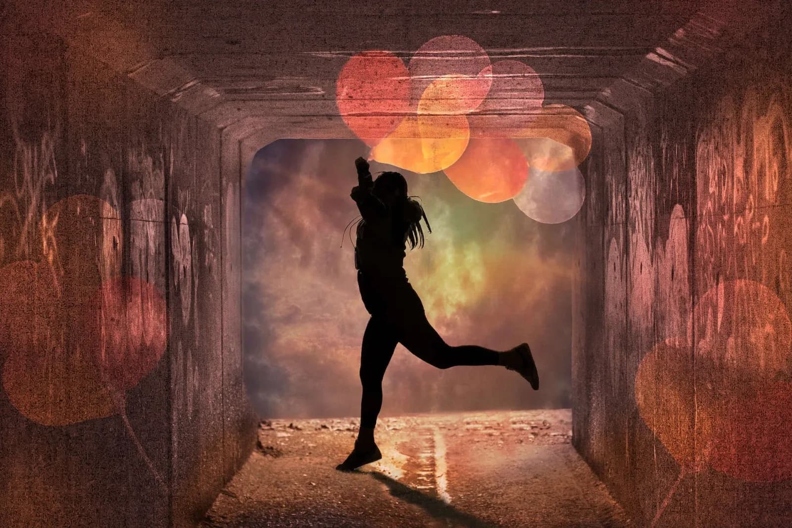 Silhouetted figure running through a textured tunnel toward warm bokeh light in a surreal composition.