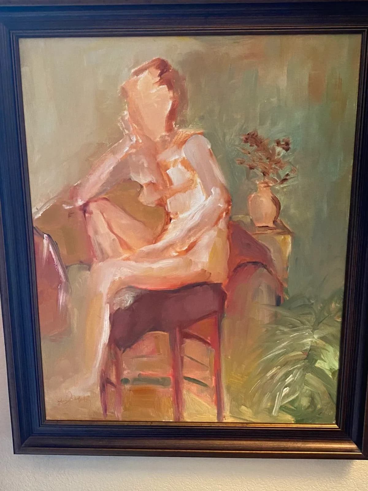 Seated female figure in warm light, oil painting with loose brushwork and potted flowers in background.