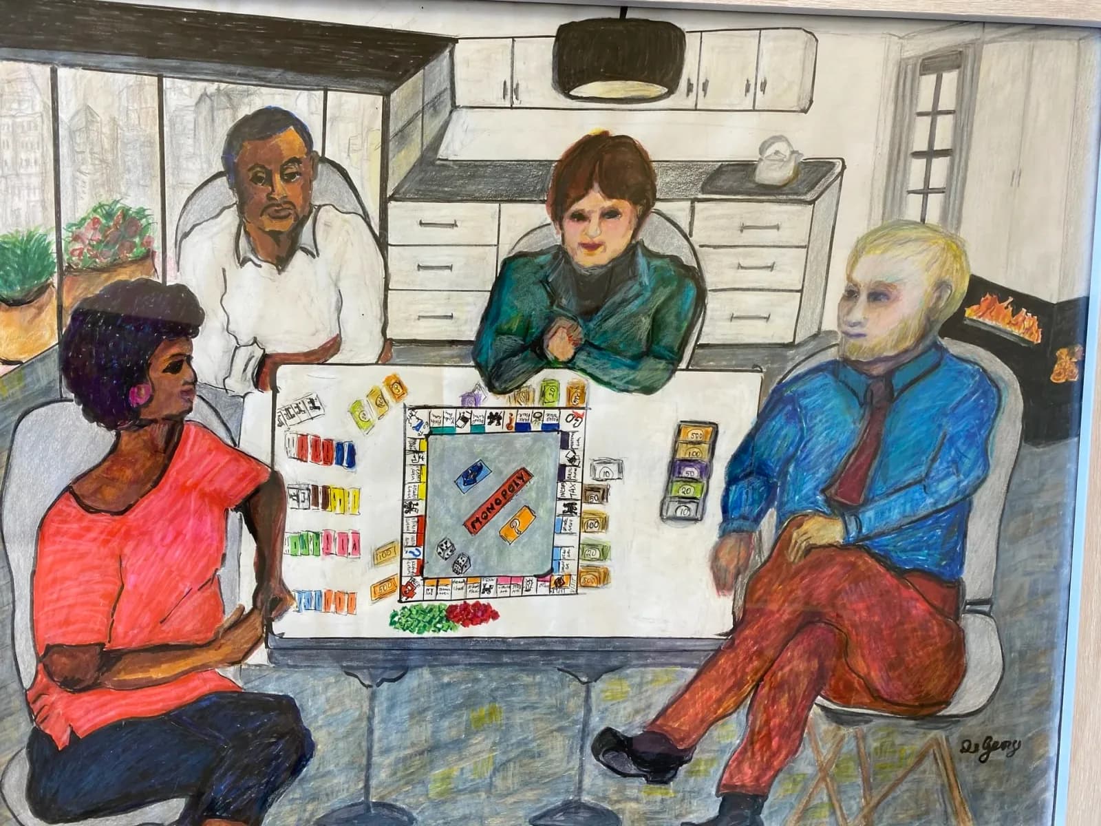 Four figures gathered around a board game in a kitchen interior, rendered in colored pencil.