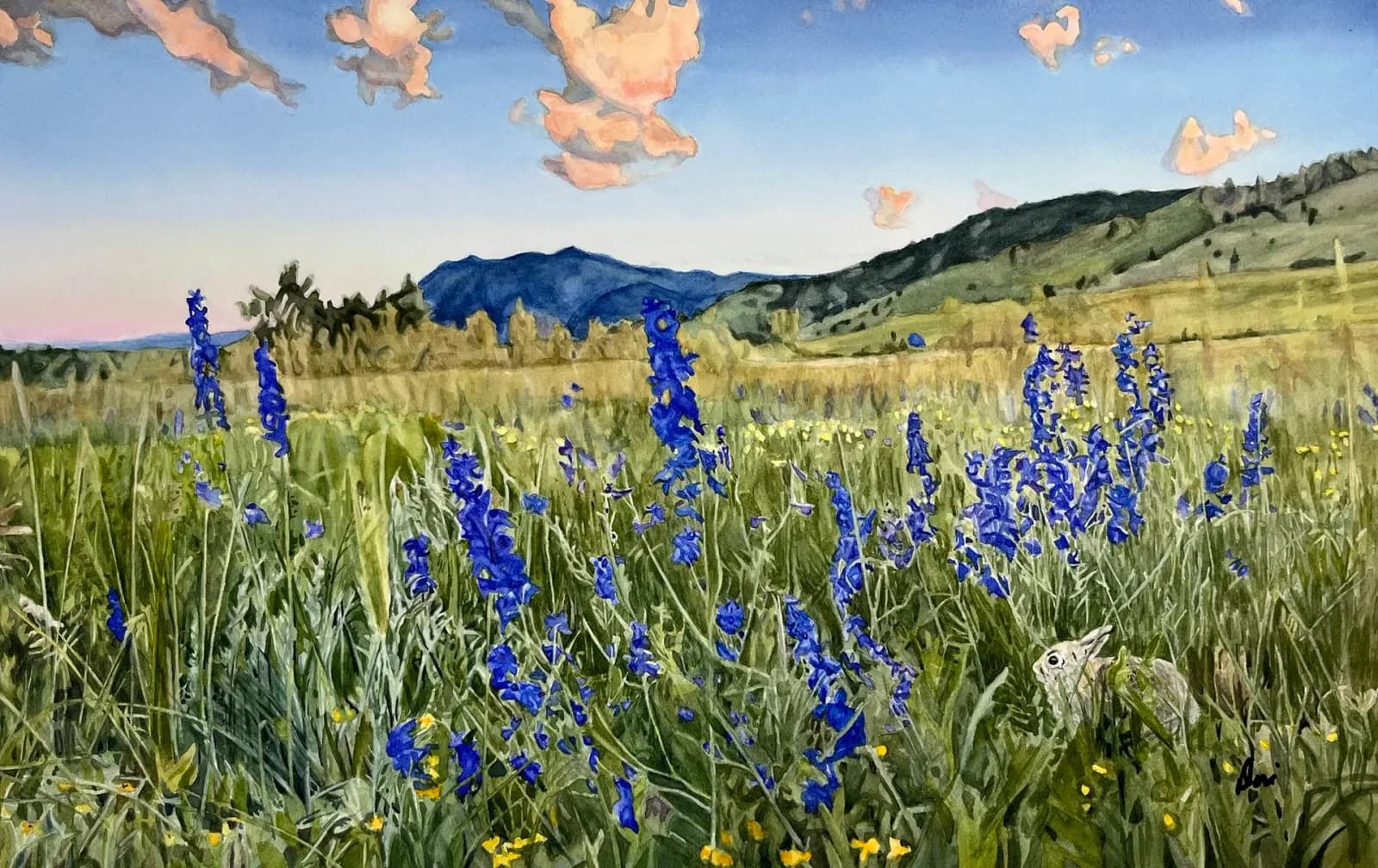 Alpine meadow with blue lupine wildflowers and the Boulder Flatirons beyond, painted in acrylic.