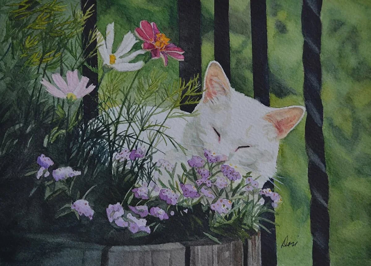 A white cat rests among pink and purple flowers in a garden, rendered in watercolor.