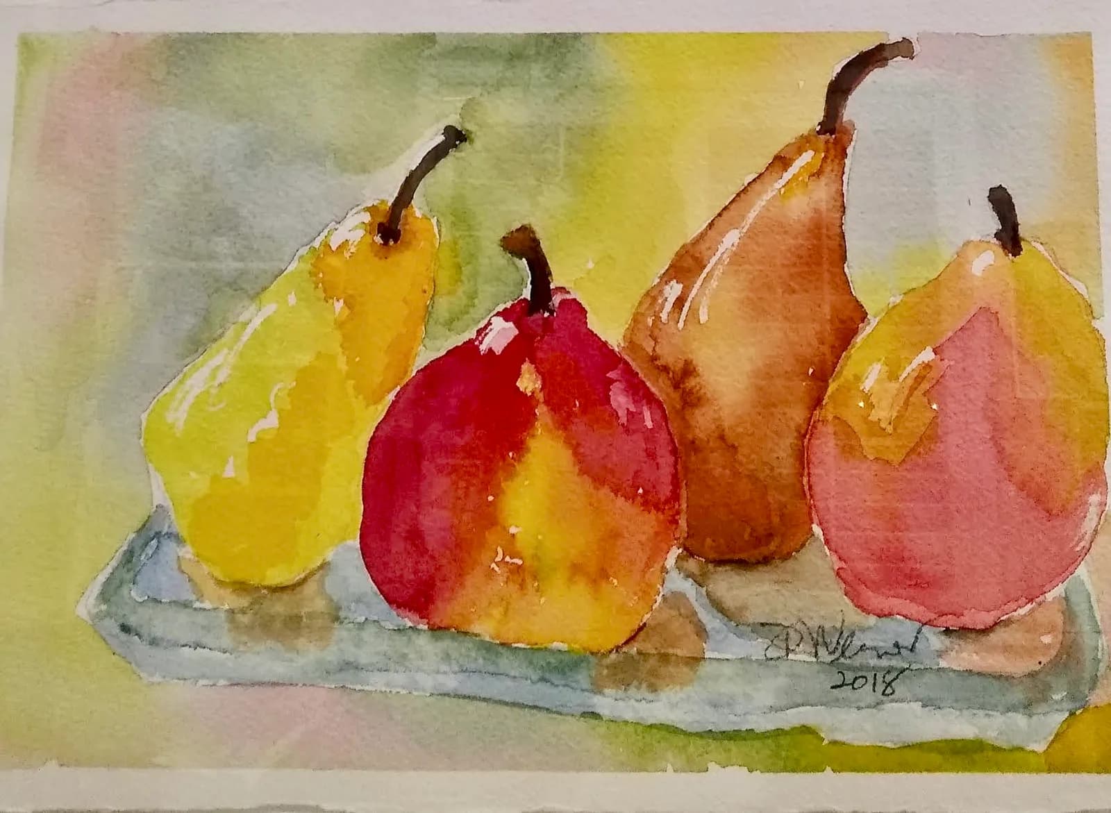 Four pears in warm yellow, red, and orange tones on a gray surface rendered in watercolor.
