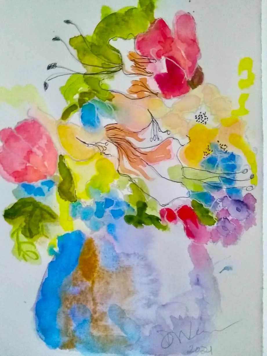Watercolor painting of vibrant cut flowers with loose gestural brushwork and bright color washes.