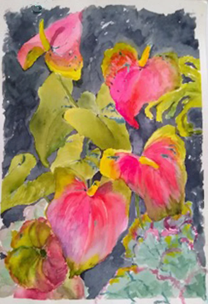 Pink lady's slipper orchids with chartreuse foliage rendered in watercolor against a dark background.