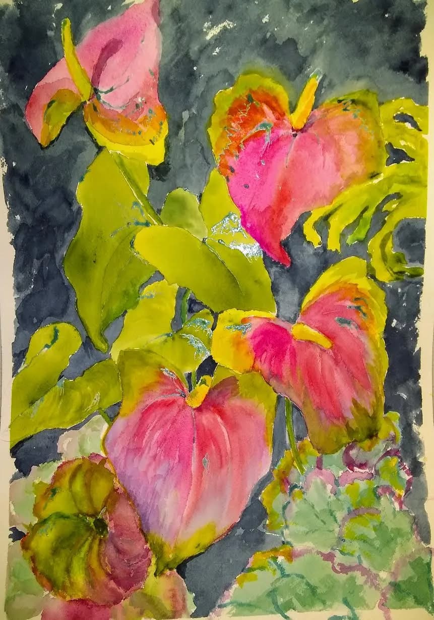 Pink and yellow iris blossoms rendered in loose, translucent watercolor on a dark charcoal background.