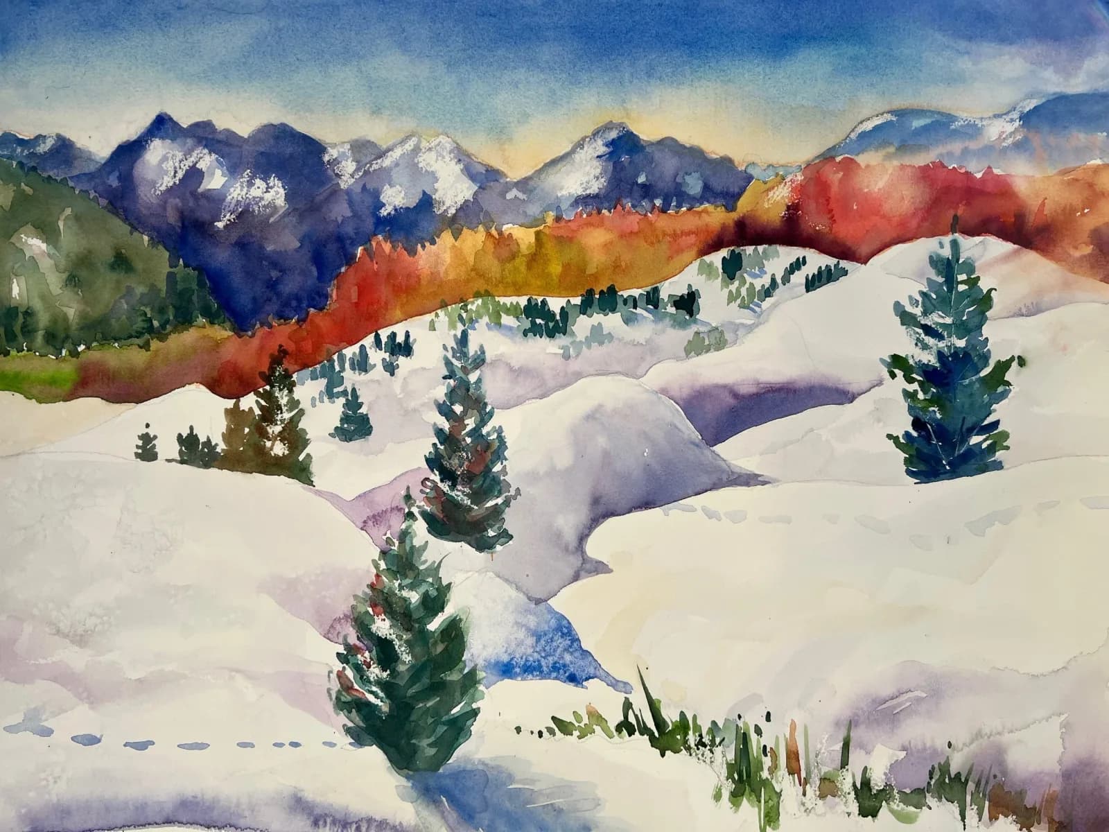 Winter landscape with snow-covered terrain, evergreen trees, and the Boulder Flatirons rising beyond in soft watercolor.
