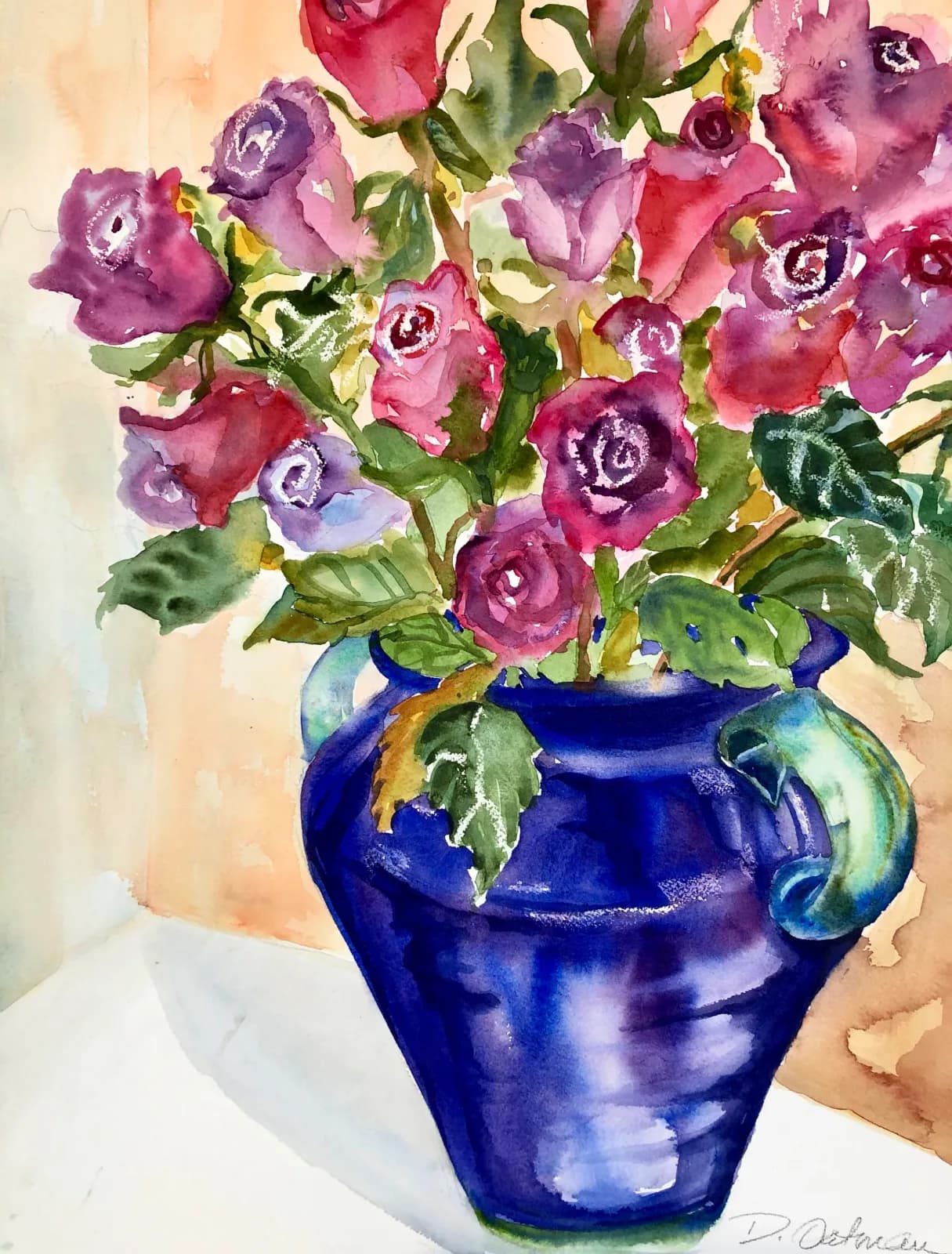 Pink and purple flowers arranged in a deep blue vase, rendered in watercolor with loose, impressionistic brushwork.