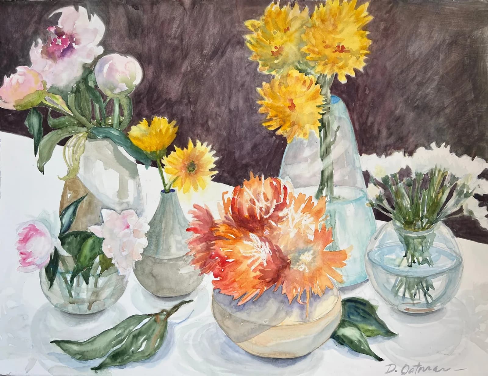 Watercolor still life of pink peonies, yellow sunflowers, and red dahlias arranged in clear glass vases.