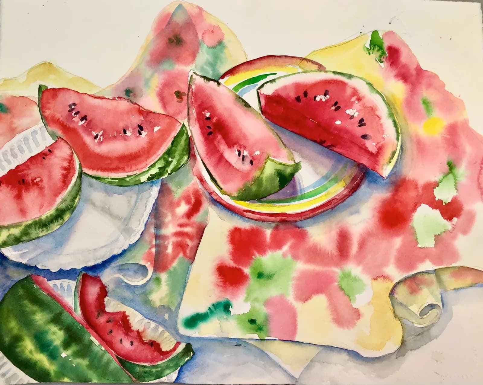 Watercolor painting of fresh watermelon slices and pink flowers arranged on pale yellow and white paper.