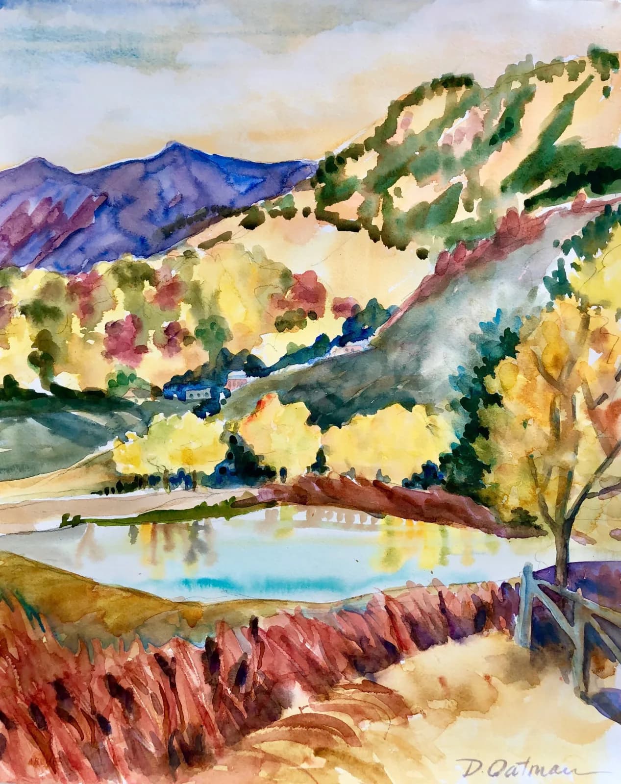 Mountain valley landscape with autumn trees, water, and distant peaks rendered in watercolor.